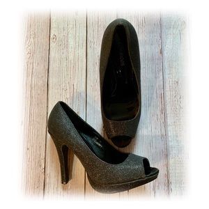 Maurice’s Glitter Gunmetal Open Toe Pumps